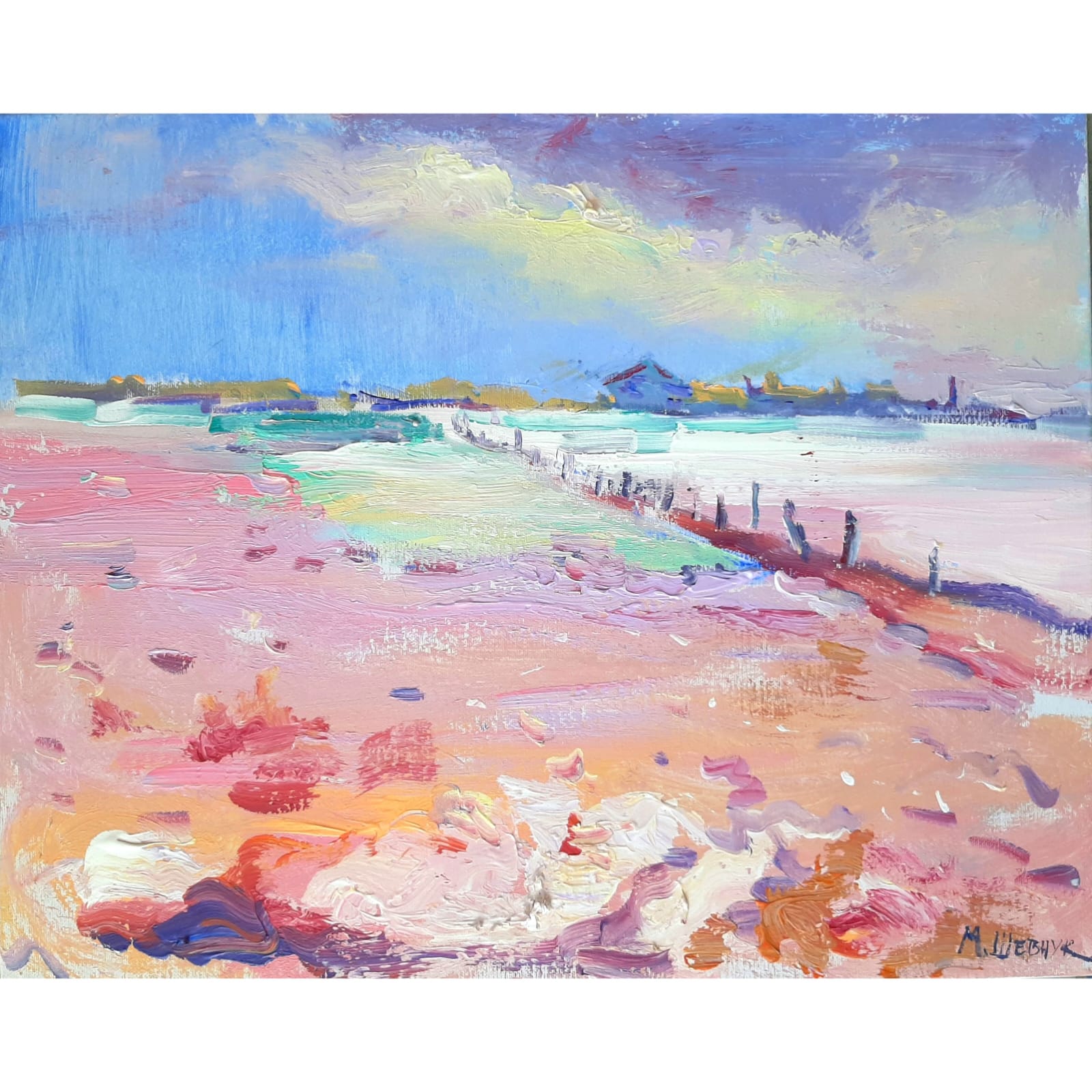 Закат на розовом озере, 40х50, холст,  акрил, 2020