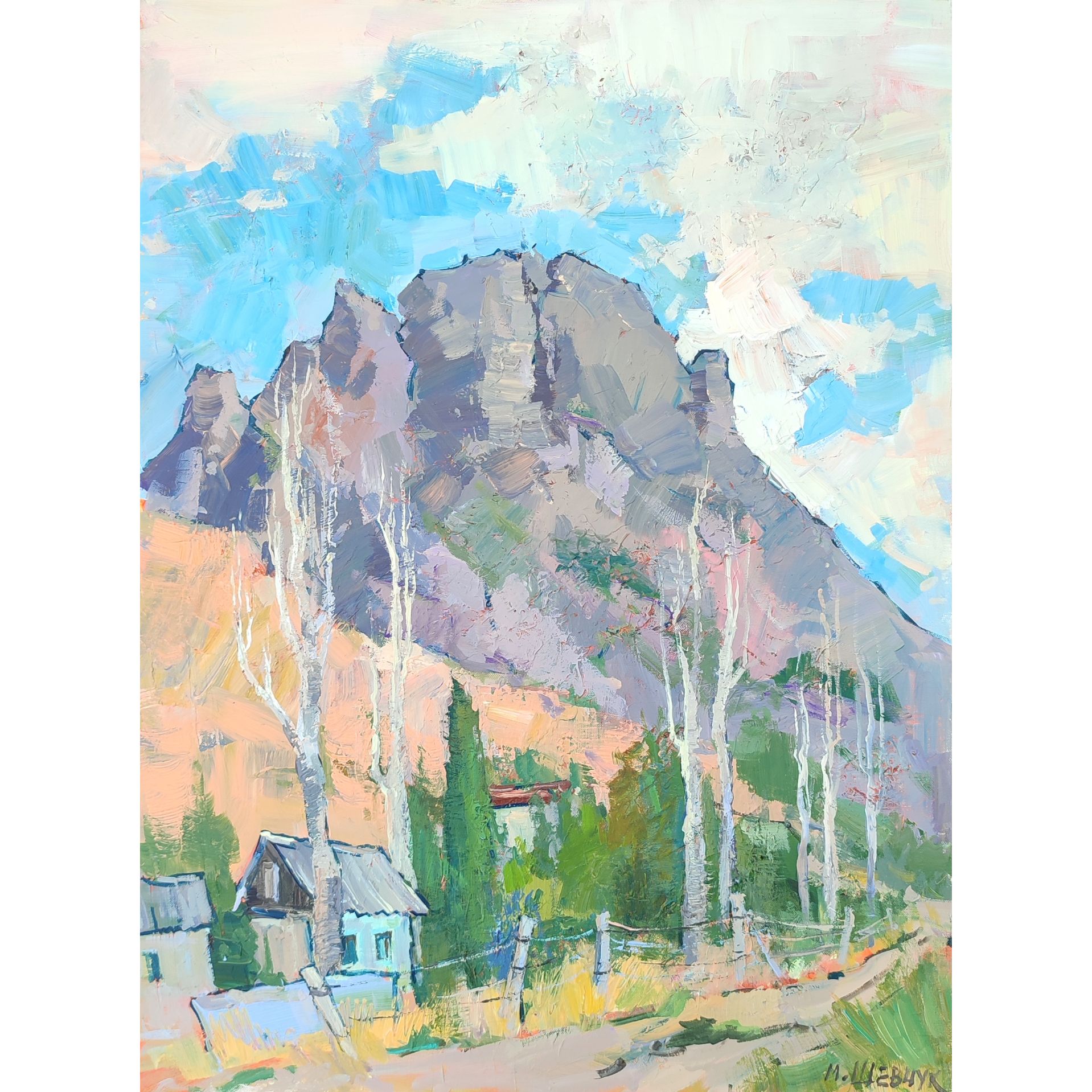 Домики с тополями у Бал-Кая, 80х60, холст, акрил, 2024