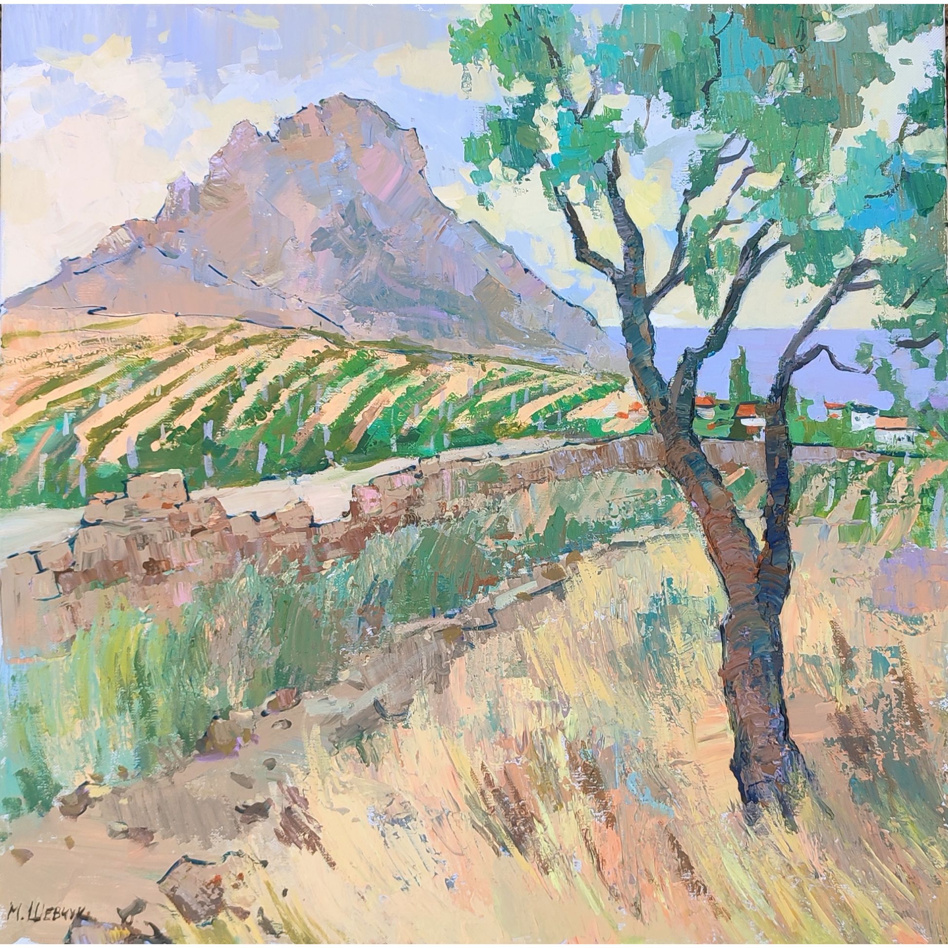 Виноградники перед Курортным, 70х70, холст, акрил, 2024