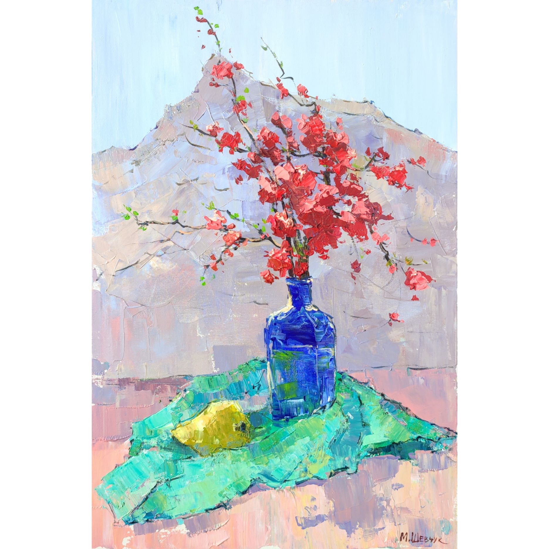 Японская айва на фоне Сююрю-Кая 60х40, холст, акрил,2023