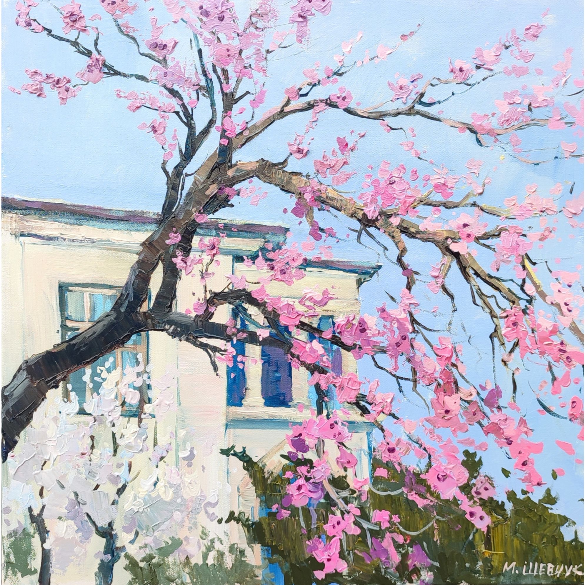 Миндаль у дачи Матвеевой в Алупке, 60х60, холст, акрил, 2025