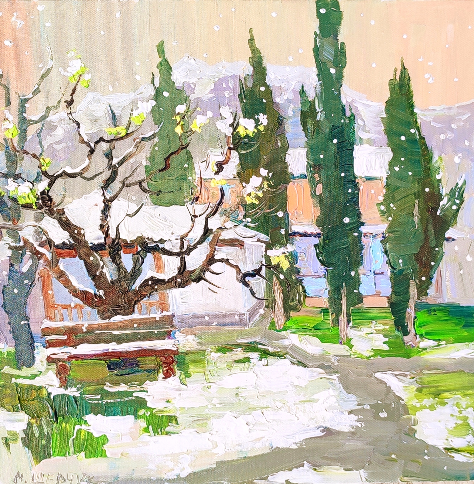 Груша в цвету В Арпате падает снег Время остановилось  50х50, холст, акрил, 2025