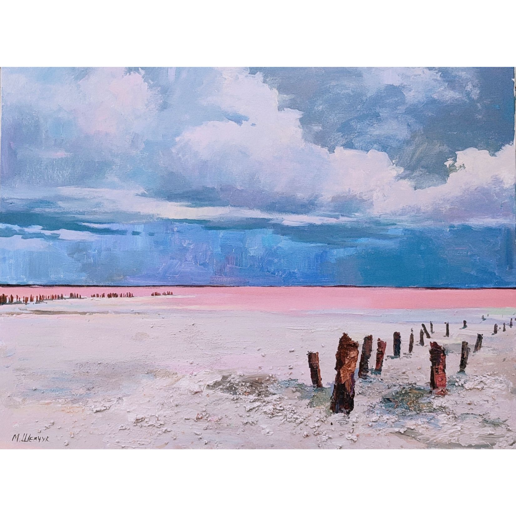 Тучи над розовым озером, 75х100, холст, акрил, 2025