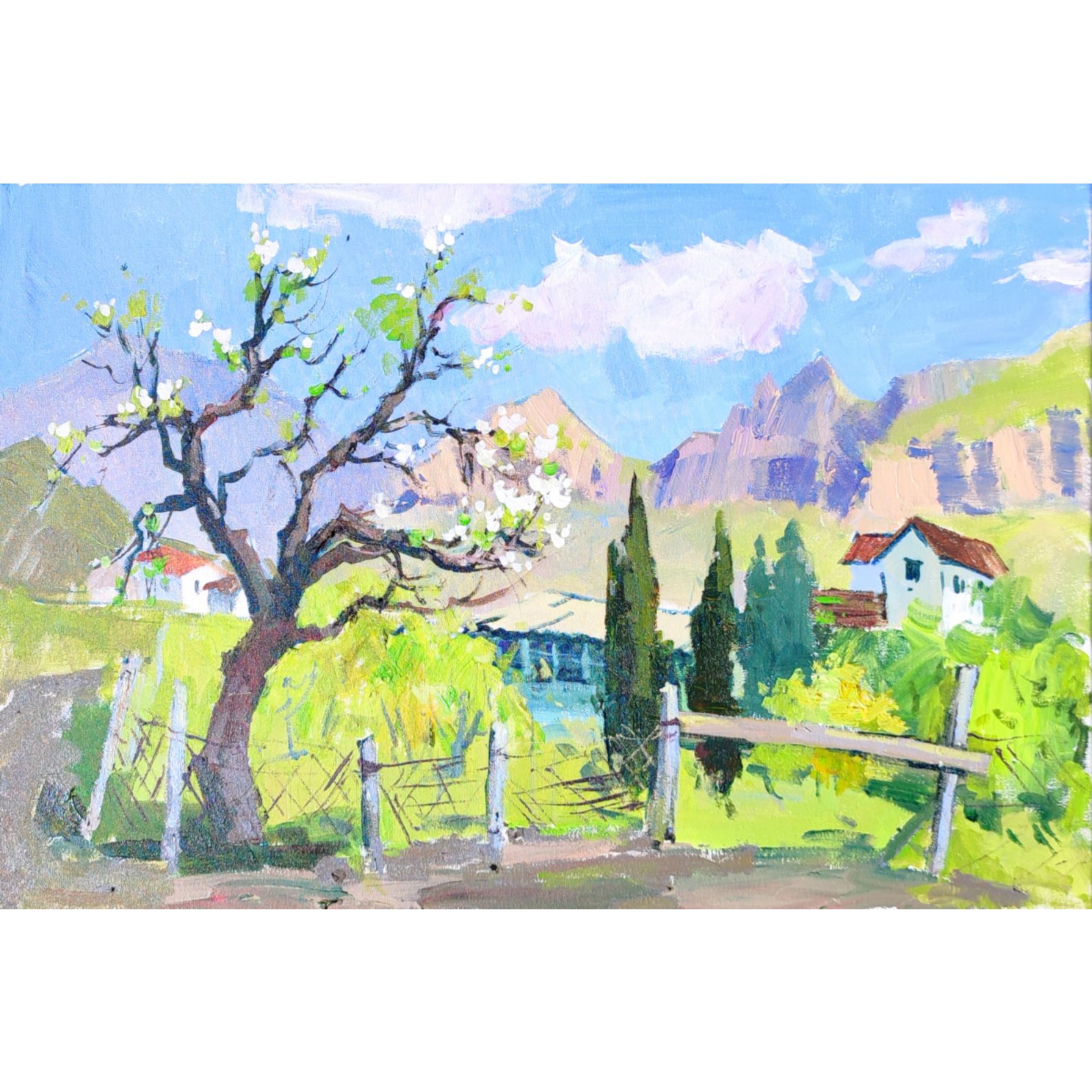 Дворик в Арпате, 40х60, холст, акрил, 2025