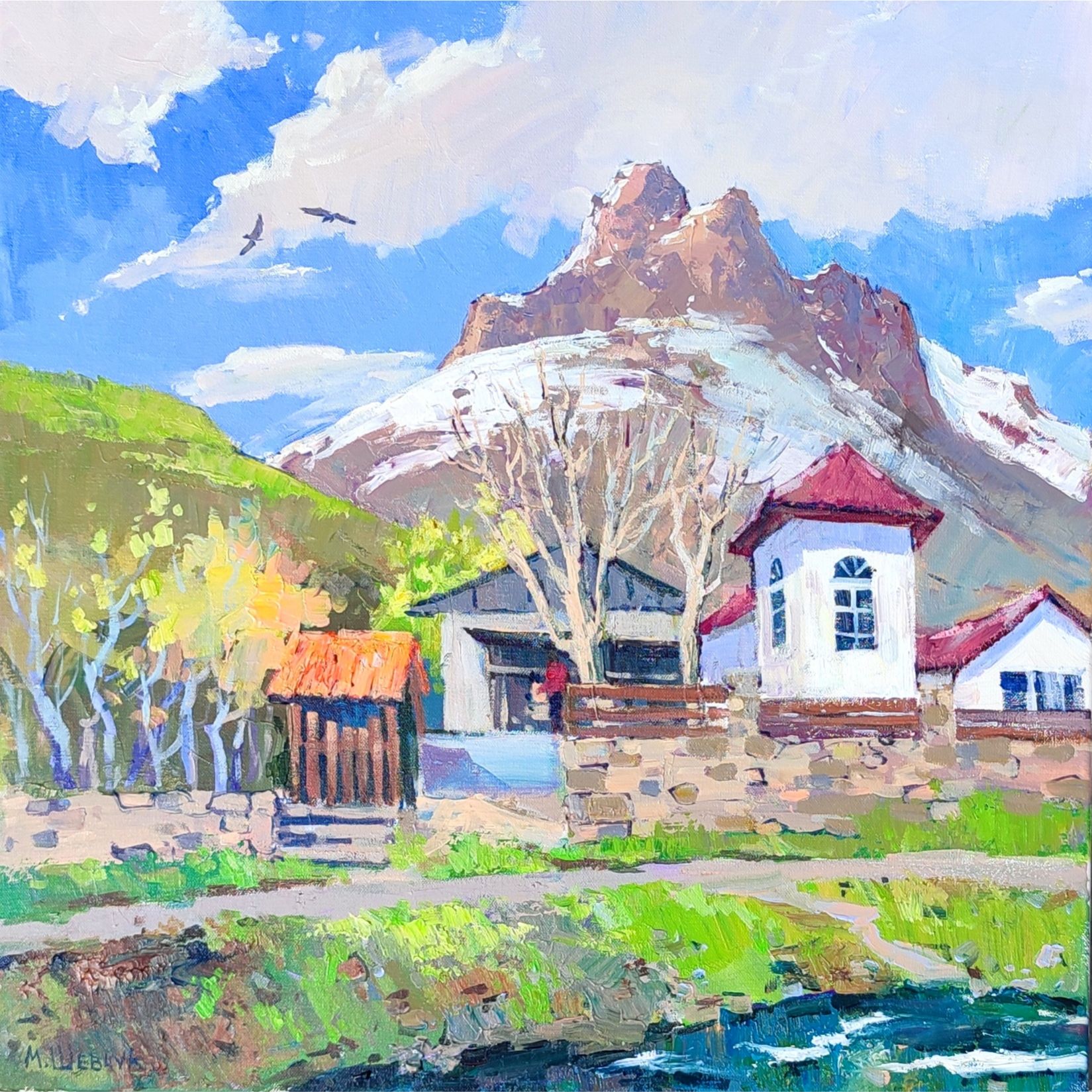 Апрельский снег в Арпате, 60х60, холст, акрил, 2025