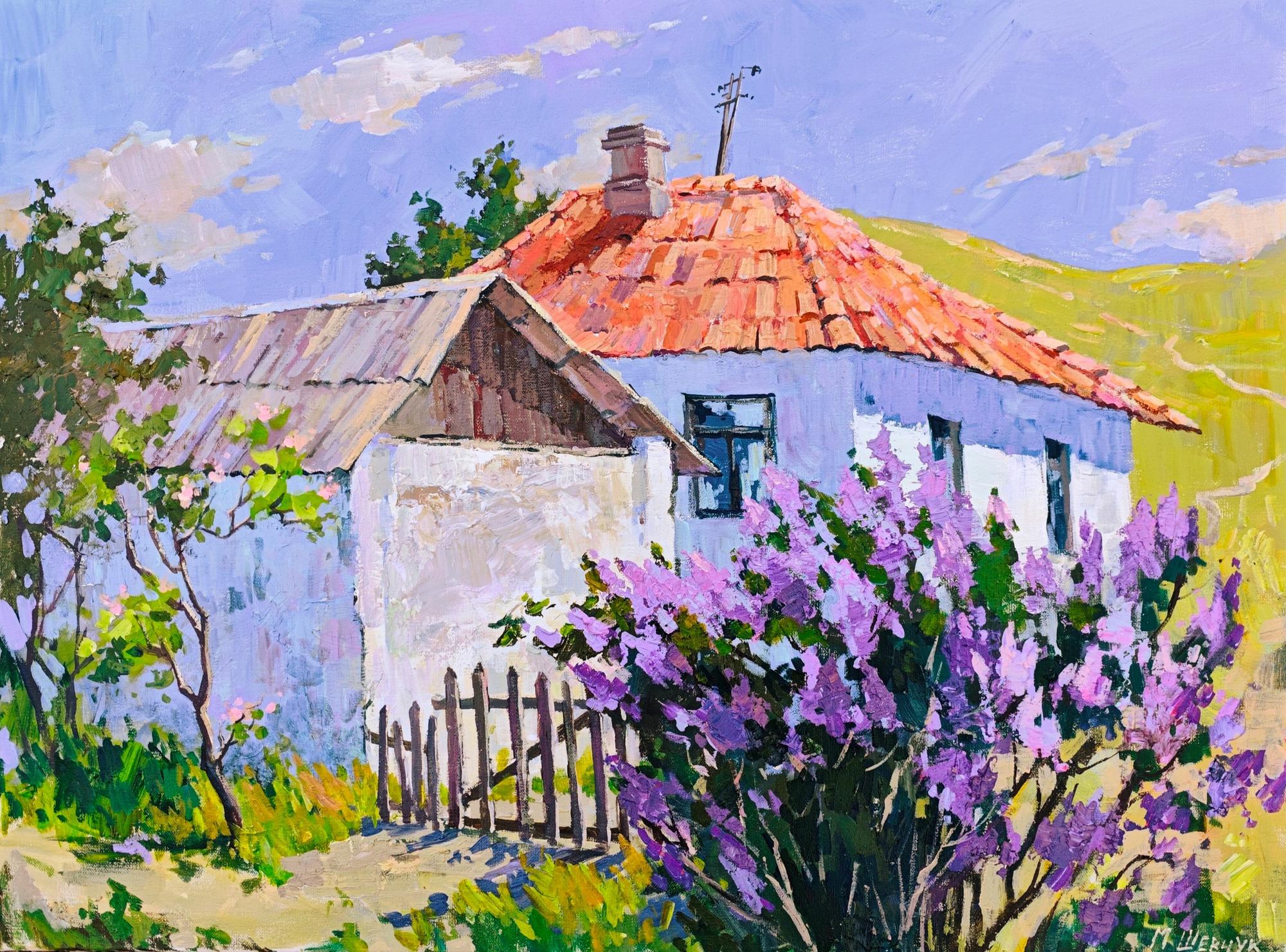 Сирень у домика, 60х80, холст, акрил, 2025