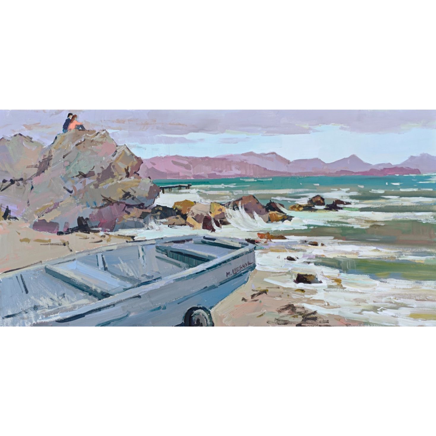 Море, лодка и двое 50х100, холст, акрил, 2025