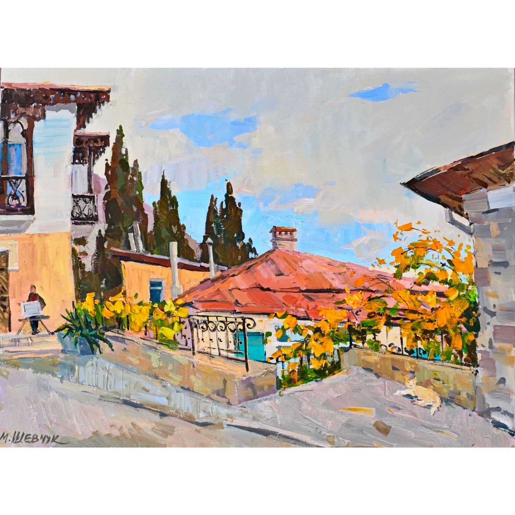 Знаменитые гурзуфские коты и художники, 60х80, холст, акрил, 2025