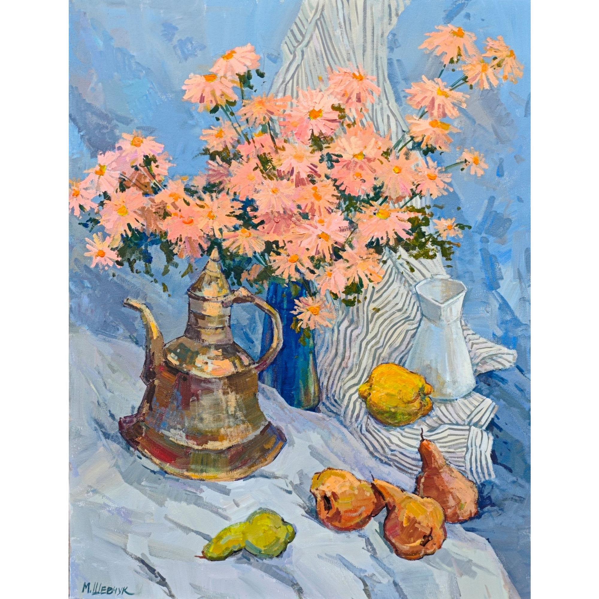 Хризантемы и фрукты, 100х75, холст, акрил, 2025