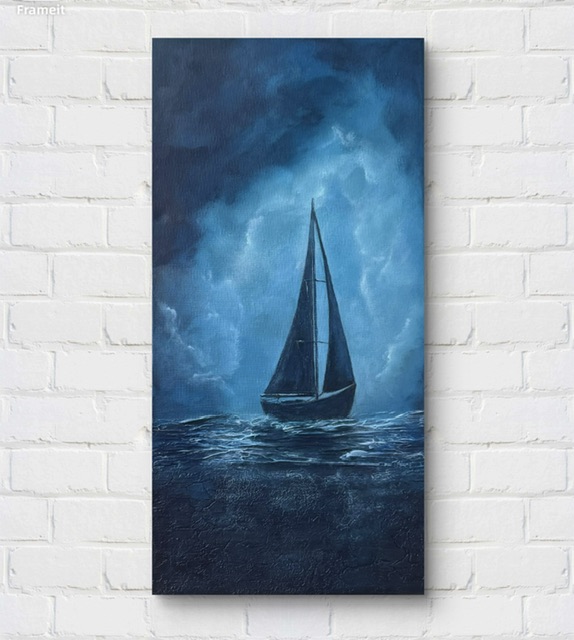 «Странник ночных волн — фактурная картина на холсте, 3D текстура, 50x25 см