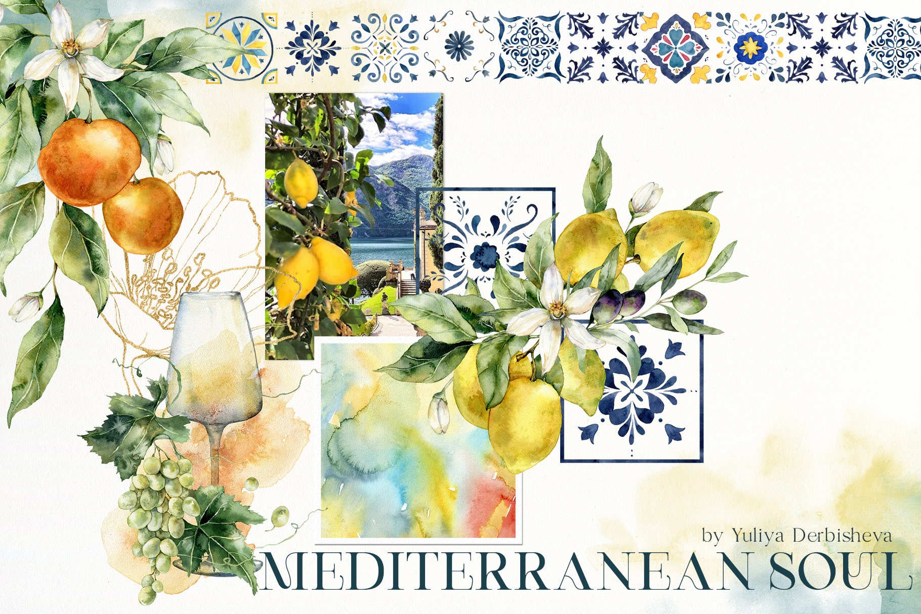Mediterranean soul citrus & tiles watercolor illustrations