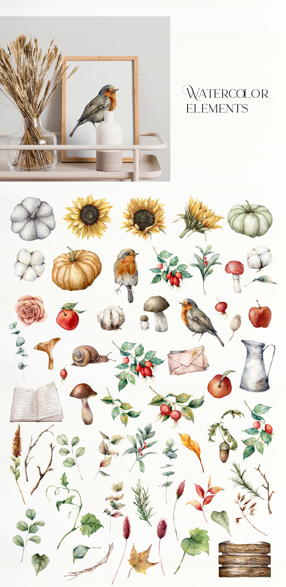 Autumn Spirit Watercolor: Pumpkins, Sunflowers & Fall Vibes for Design