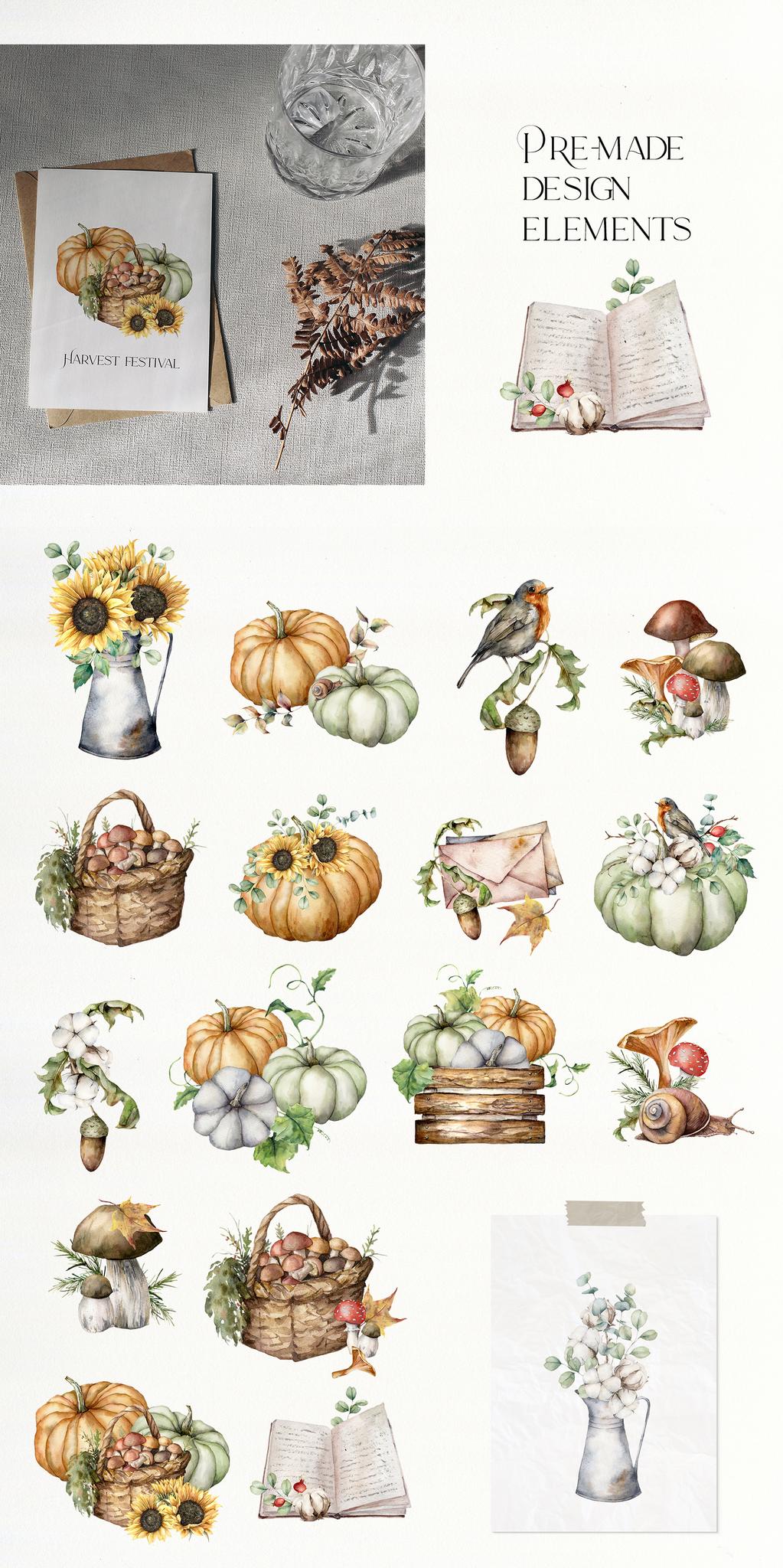 Autumn Spirit Watercolor: Pumpkins, Sunflowers & Fall Vibes for Design