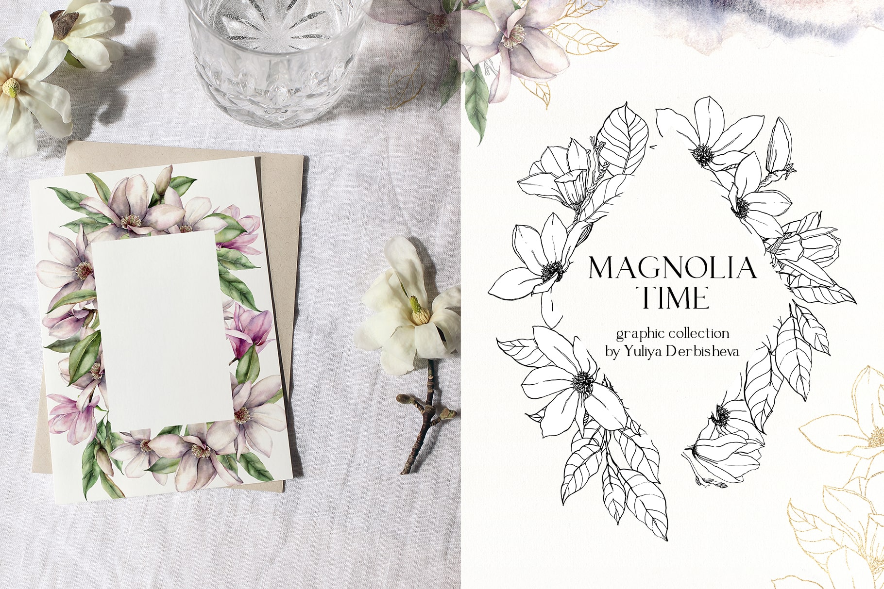 Magnolia Blossom Flower Watercolor Illustrations