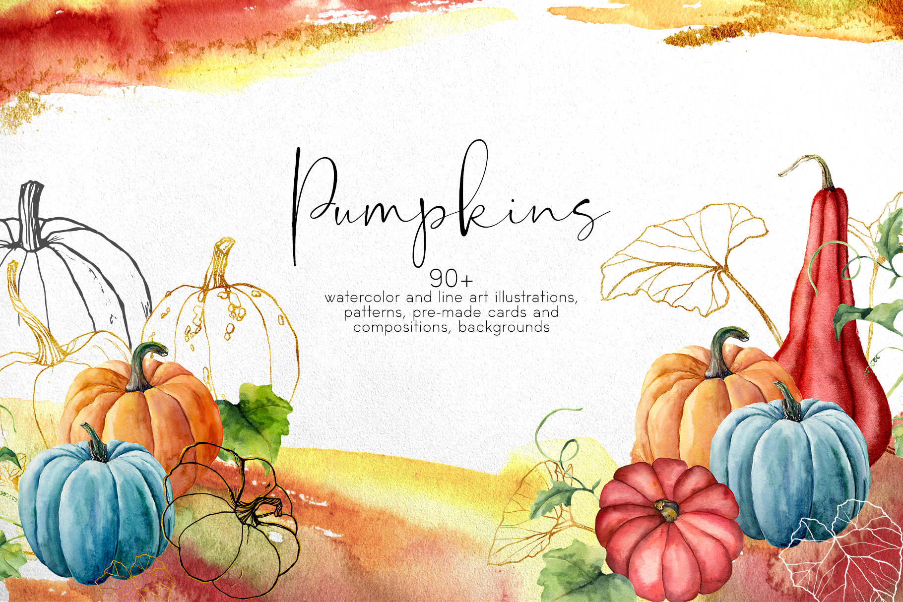 Pumpkins Watercolor & Line Art Illustrations