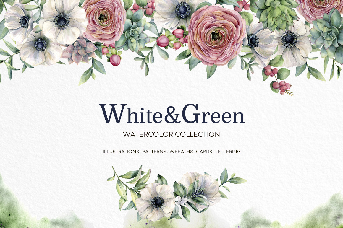 White Flowers and Greenery Watercolor Illustrations