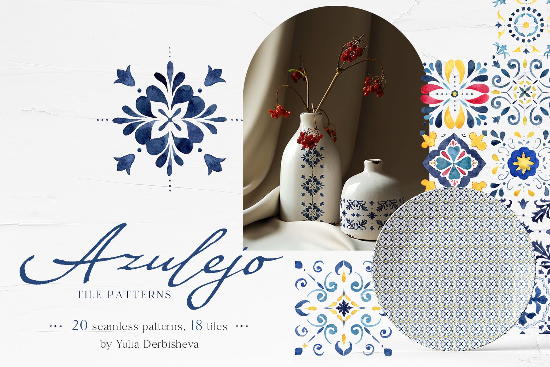 Azulejo Mediterranean Moroccan Portuguese tiles seamless patterns