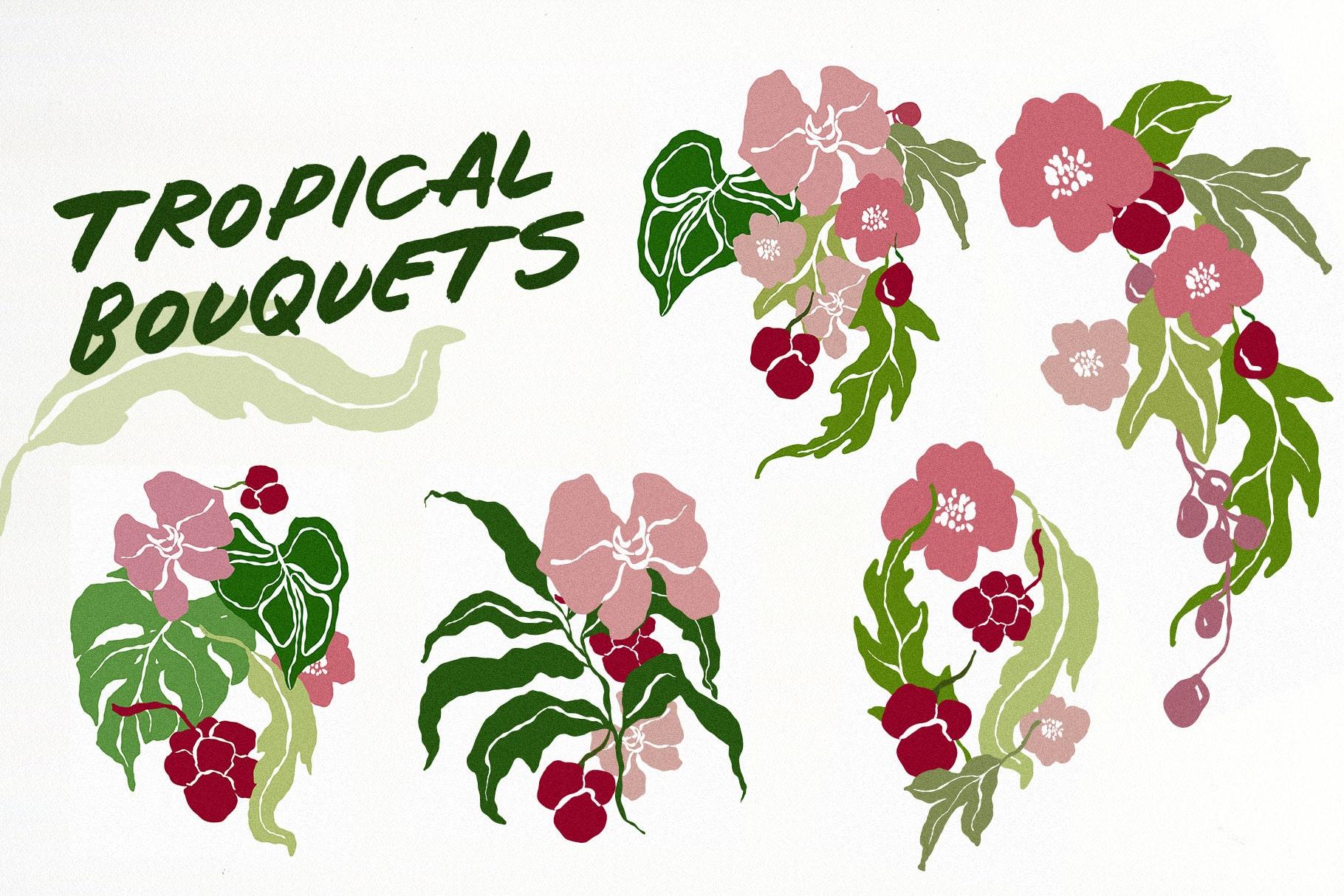 Jungle abstract vector flowers leaves naive illustrations