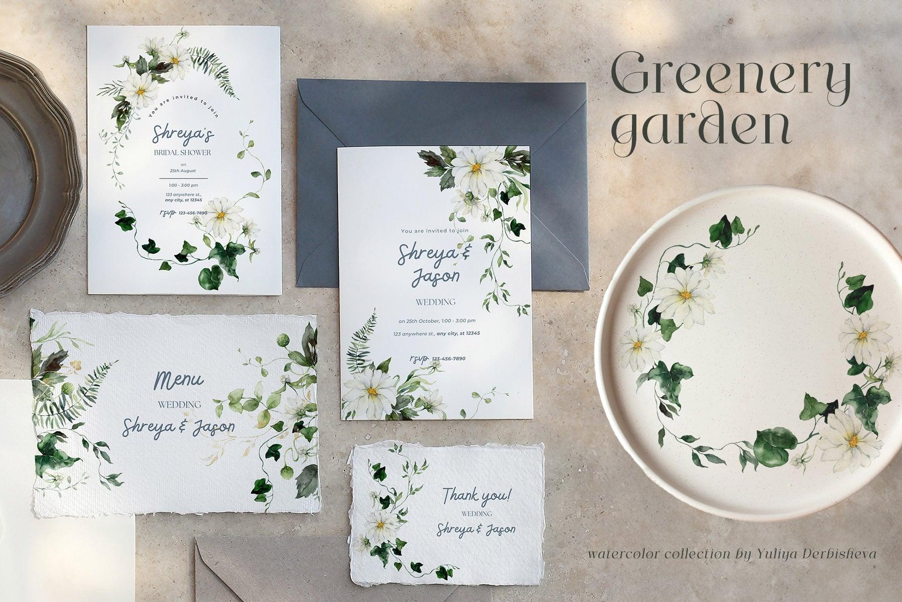 Greenery garden watercolor foliage illustrations clipart
