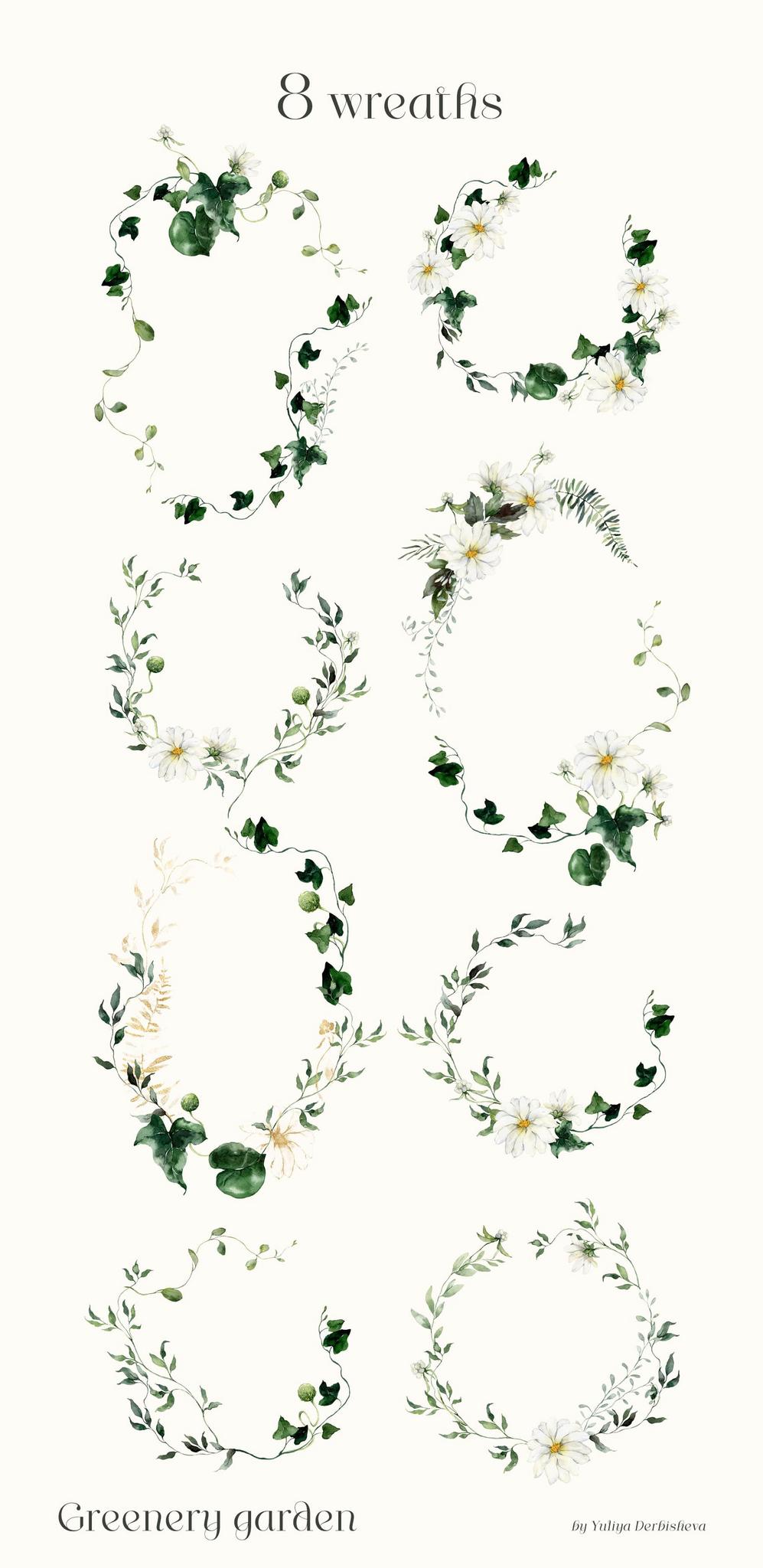 Greenery garden watercolor foliage illustrations clipart