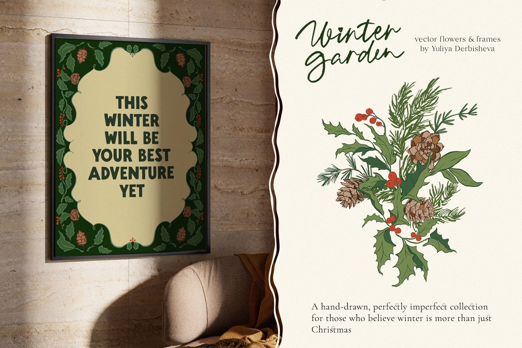 Winter Garden vector whimsy flowers and leaves, Christmas frames and seamless patterns