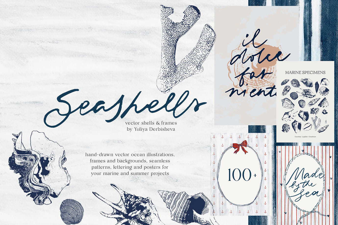 Seashells: hand drawn vector linocut ocean illustration, frames and backgrounds, sea posters & seamless patterns