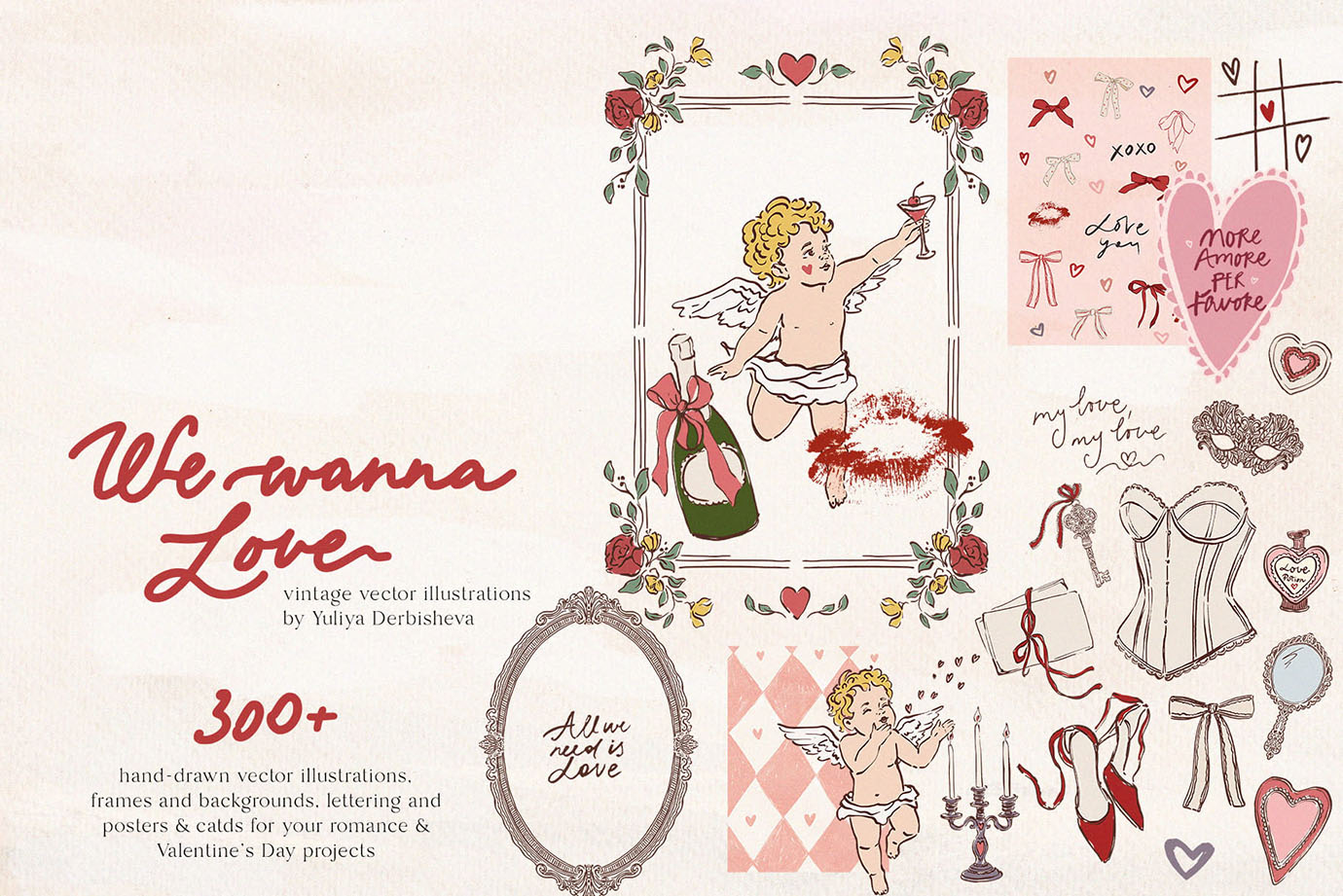 We wanna Love: vector vintage illustrations, Cupids clipart, rococo elegant frames, Valentine's Day posters and cards