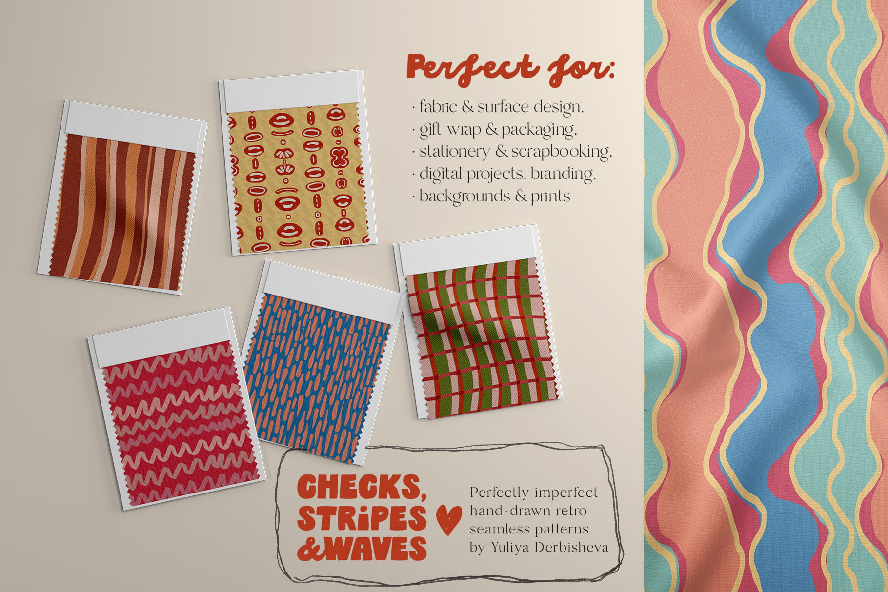 Checks, Stripes & Waves — Hand-Drawn retro seamless patterns