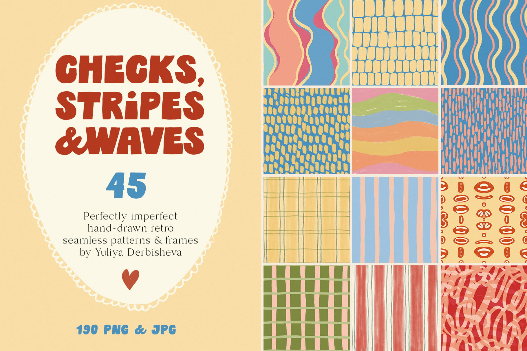 Checks, Stripes & Waves — Hand-Drawn retro seamless patterns