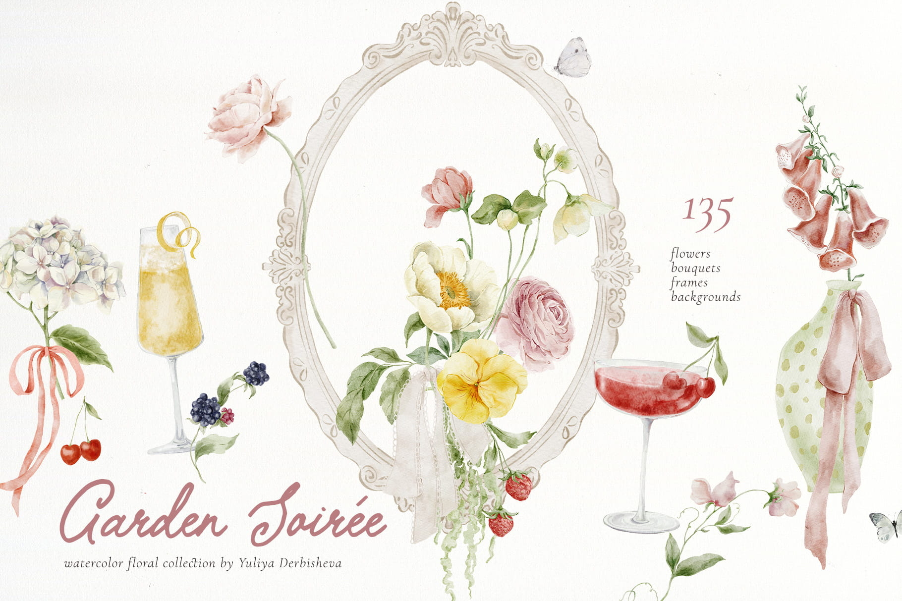 Garden Soiree watercolor Cottagecore floral clipart with garden and wildflowers, berries, cocktails, and Rococo oval frame