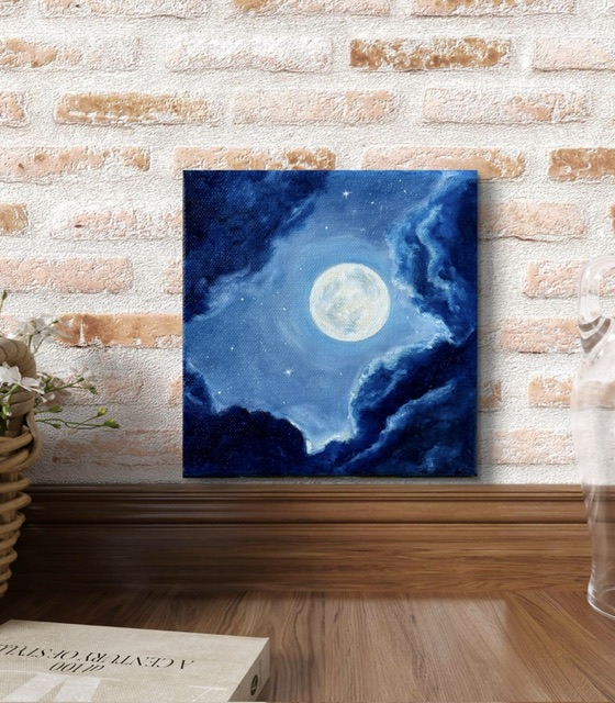 Картина "Лунная тишина". Авторская картина на холсте (хлопок, масло), 15х15 см