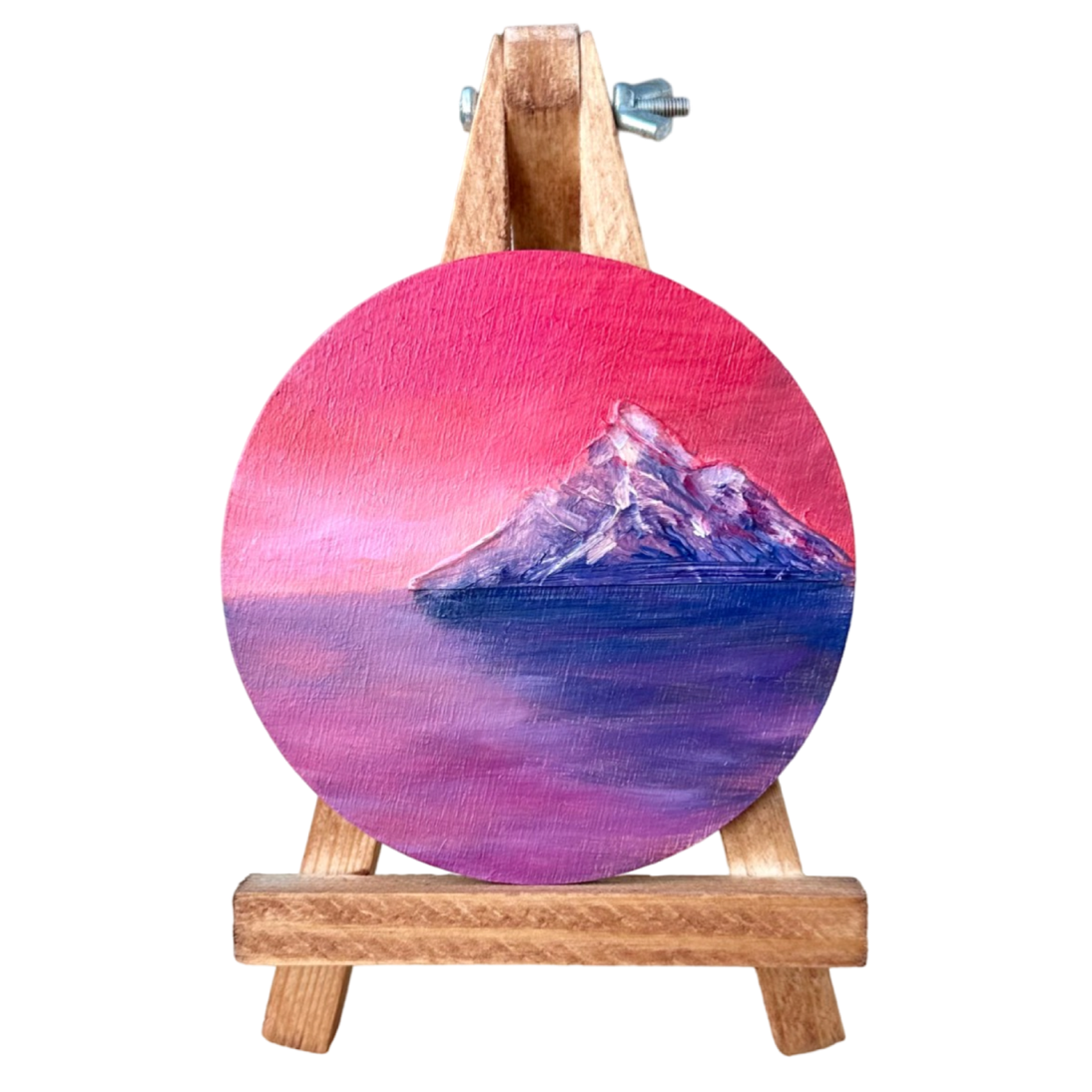 Мини-картина маслом на дереве на магните "Гора на закате". Масло, ручная работа. 9 см