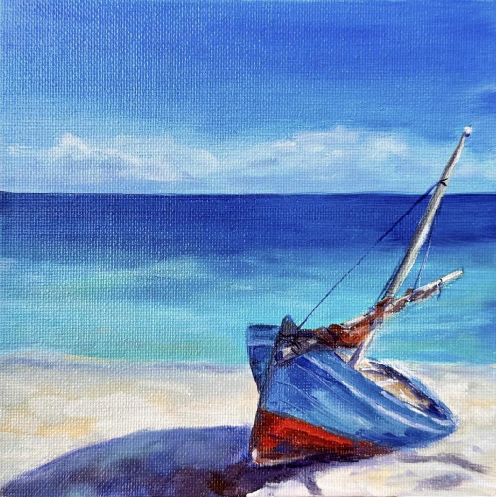 Авторская картина на холсте "Лодка на пляже". Масло, ручная работа. 15х15 см