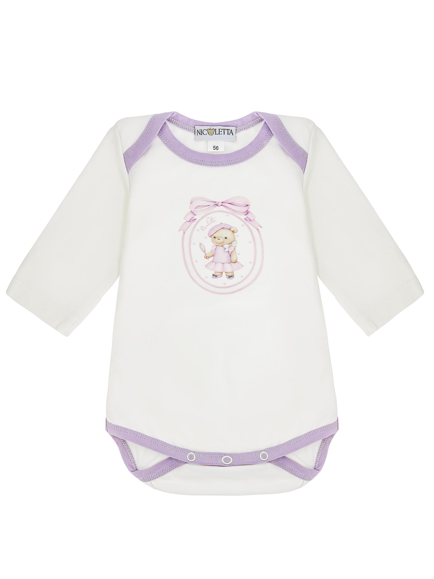 Боди лонгслив белое "Кант купон сиреневый Мишка"