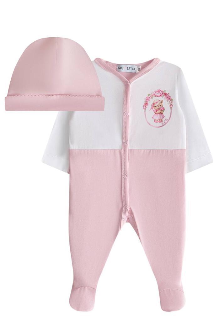 Комплект (комбинезон и шапочка) «Мишка», бело-розовый