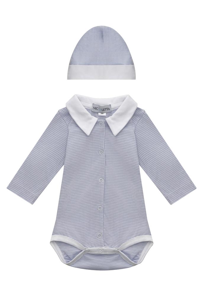 Комплект боди-лонгслив с воротничком и шапочка «В голубую полоску»