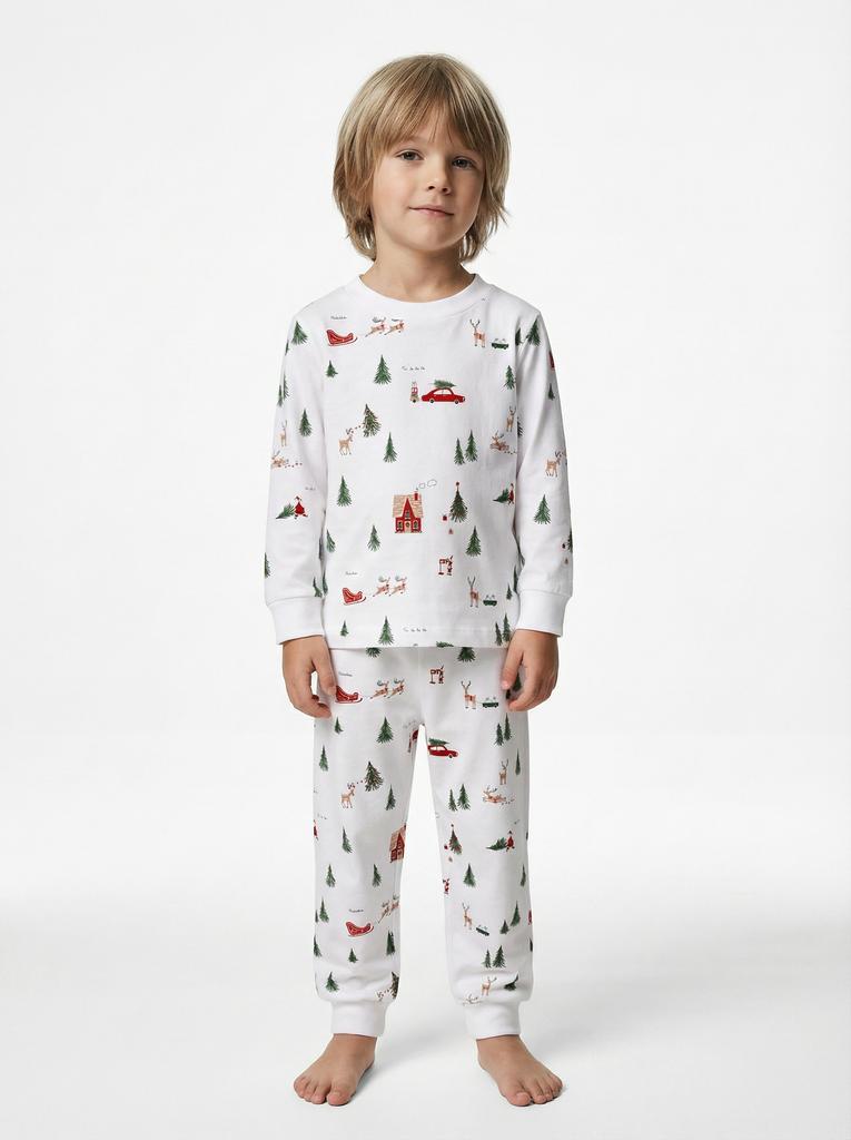 Пижама новогодняя "Елки и олени в лесу", белый
