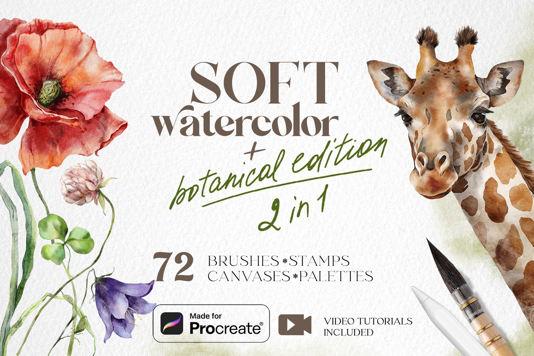 SOFT WATERCOLOR Procreate brushes + Botanical edition Акварельные реалистичные кисти для Прокриэйт