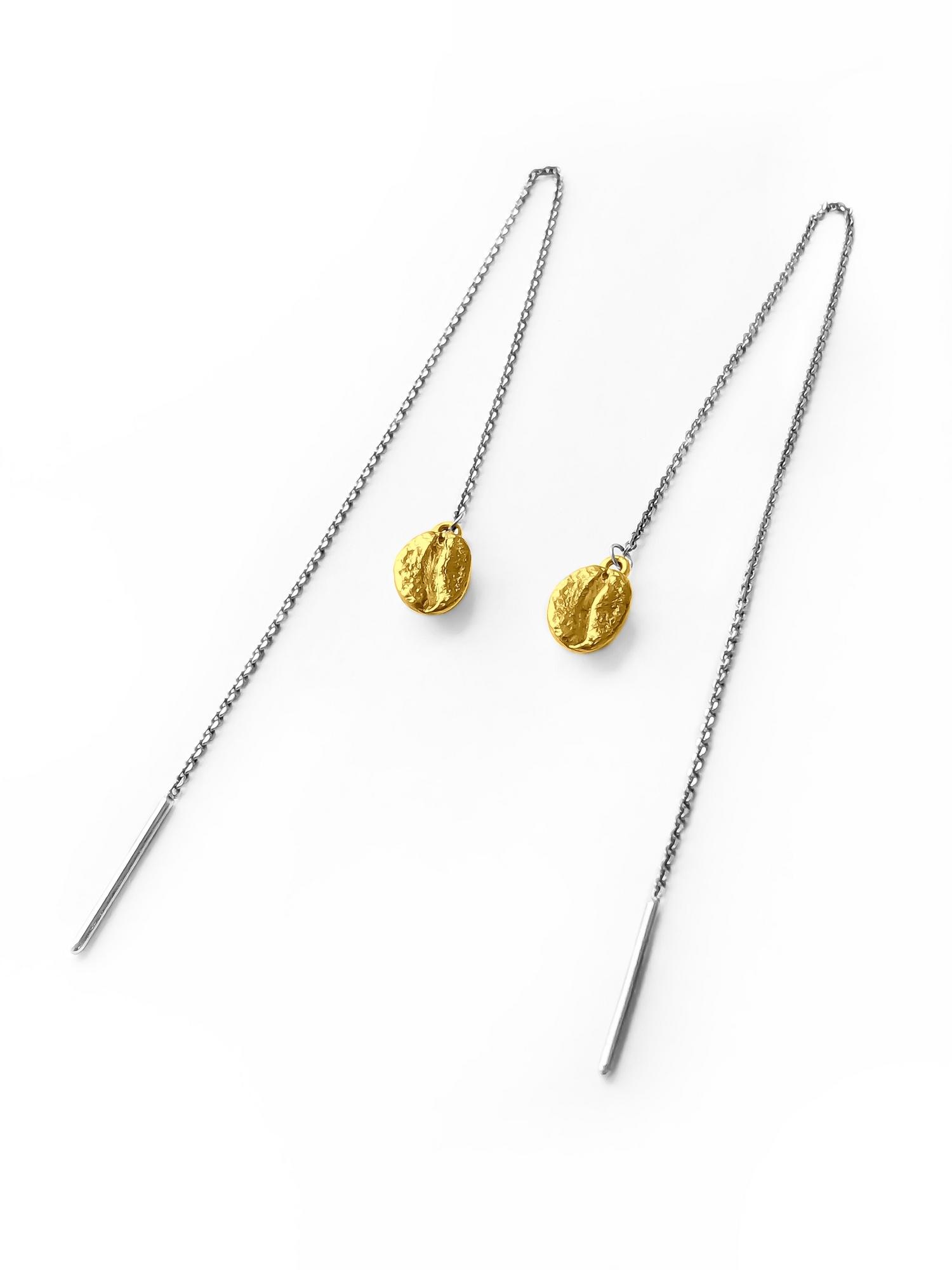 Серебряные серьги-продёвки "Кофейное зерно" с позолотой