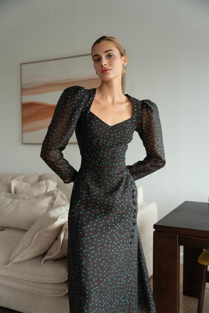 Платье ""Вrigitte", бирюзовые цветочки на коричневом