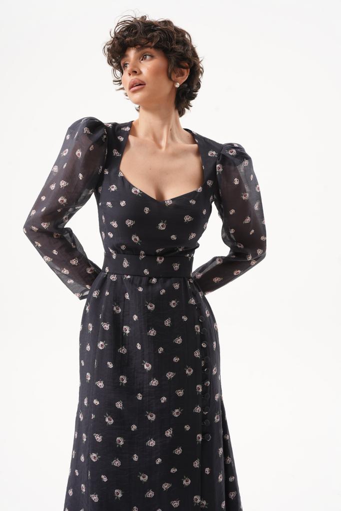 Платье «Brigitte», темно-синее в розочки