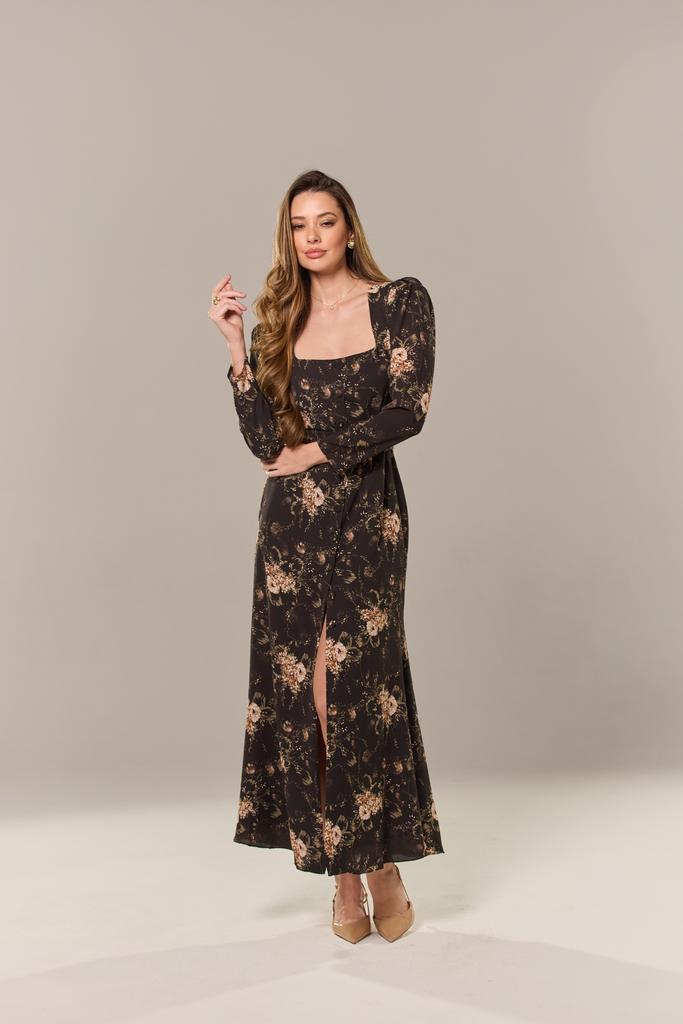 Платье «Adele» черное с бежевыми цветами