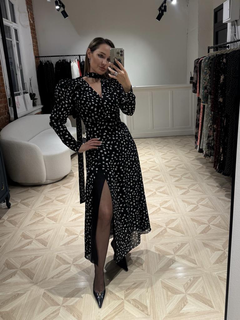 Платье «Луиза», черный шифон в белые цветочки