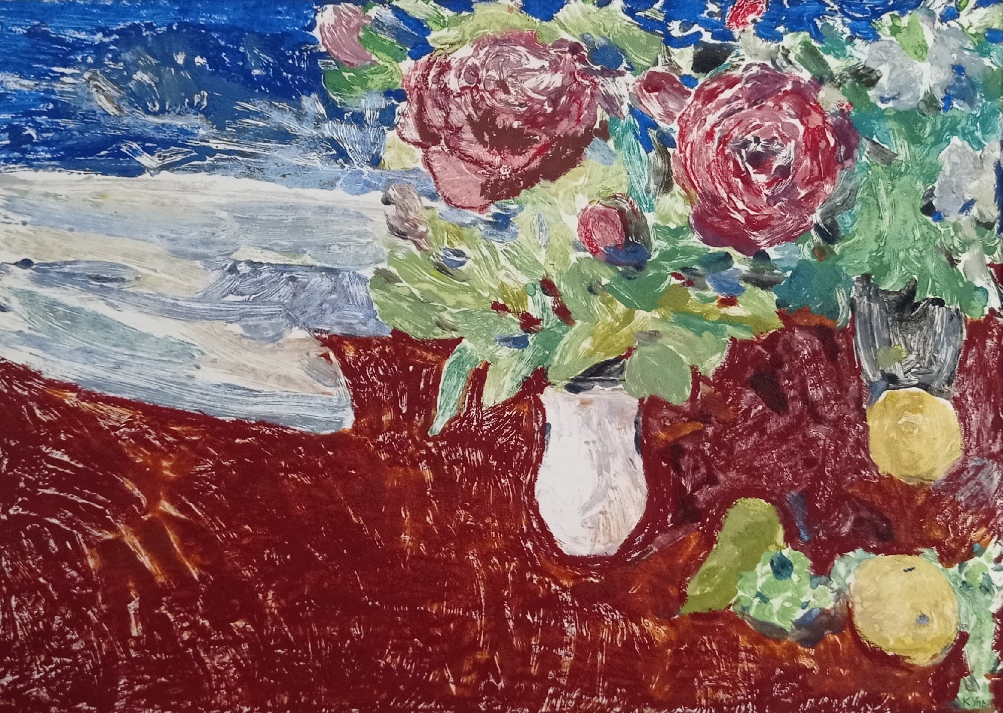 Натюрморт с садовыми розами и фруктами