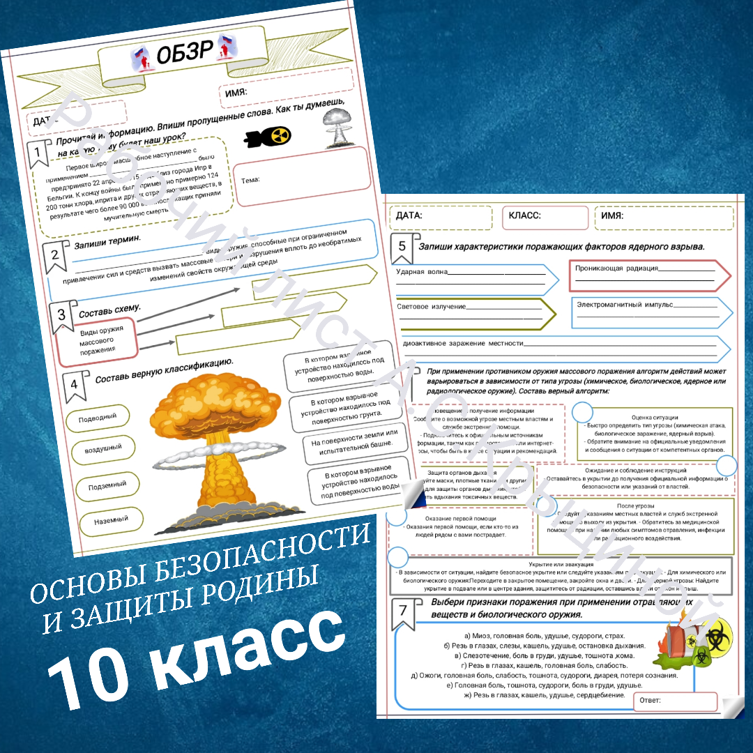 Рабочий лист к уроку ОБЗР 10 класс "Оружие массового поражения (радиационная, химическая, биологическая защита)"