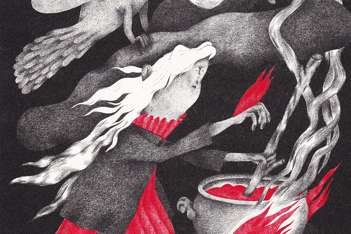 Riso-poster “A witch, a cauldron and an owl”