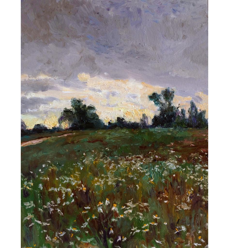 Этюд "тяжелое осеннее небо над полем"