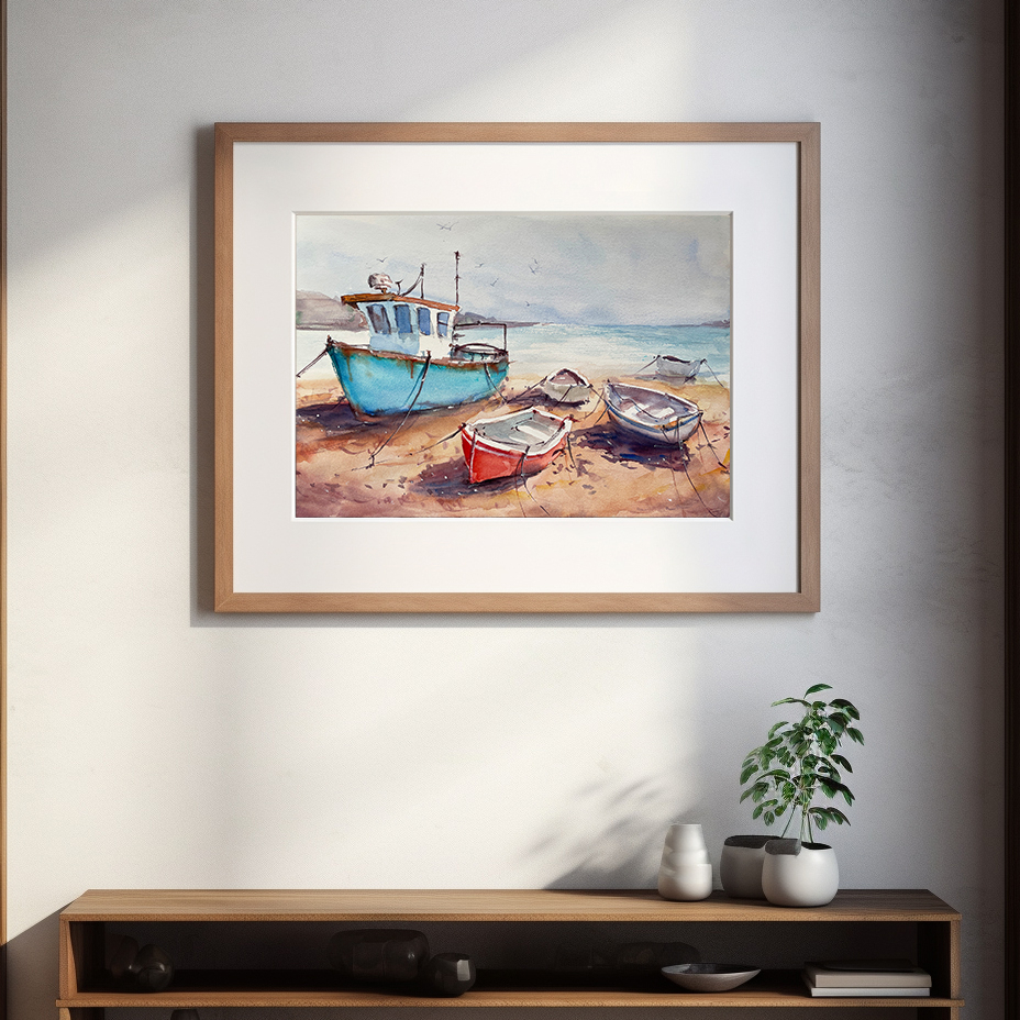 "Boats on the sunny shore"