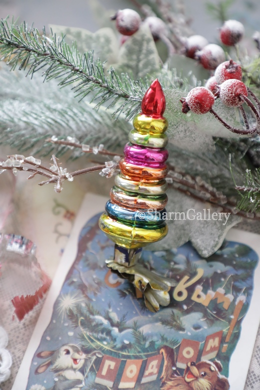 Пирамидка - елочка. №15 Елочная игрушка, стекло на прищепке, СССР.