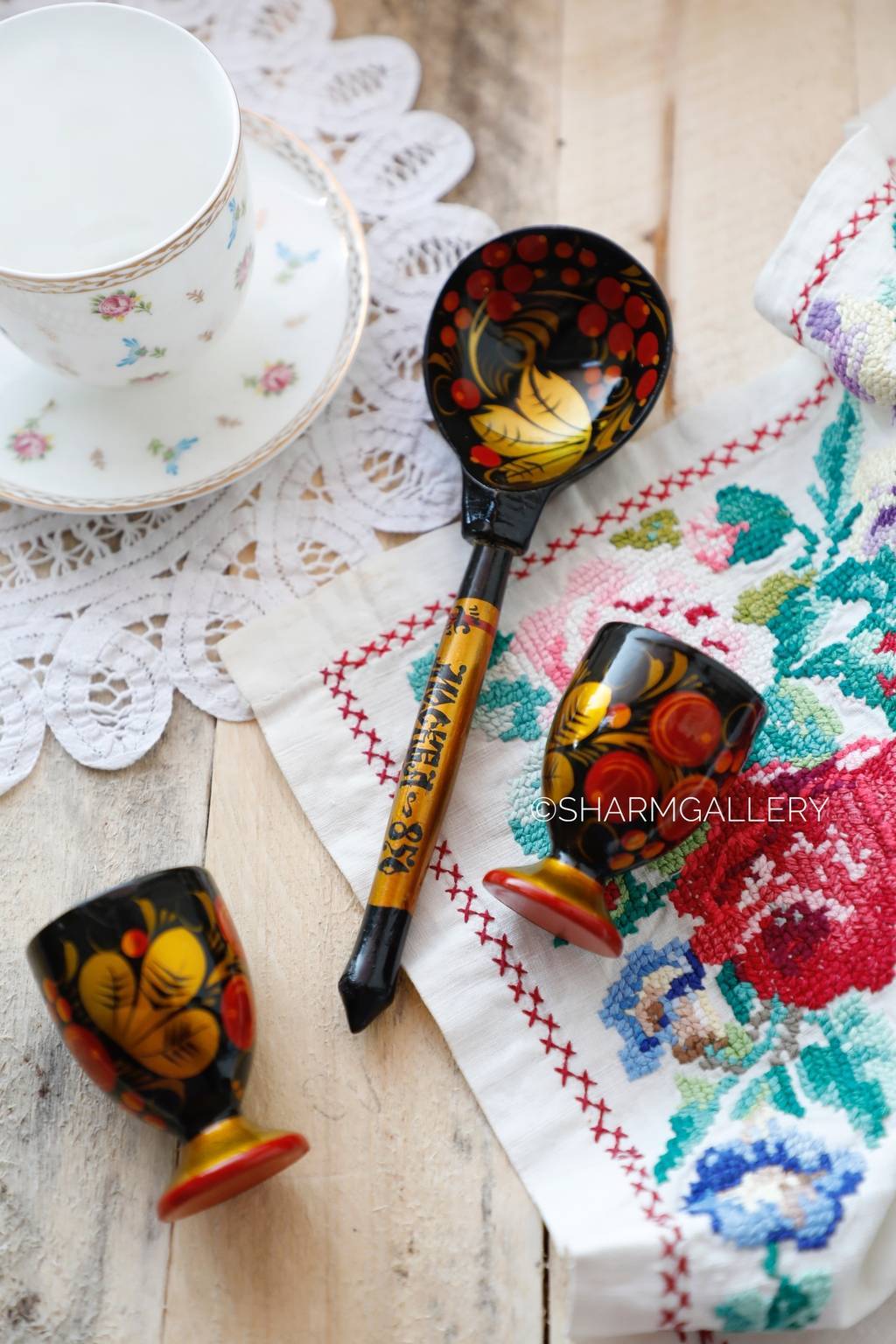 Винтажный деревянный набор хохломской росписи, 3 предмета.